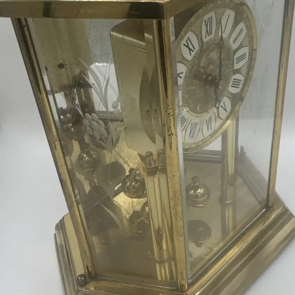 Gold Tone Anniversary Torsion Mantel Clock, Glass Dome, Roman Dial, Pendulum